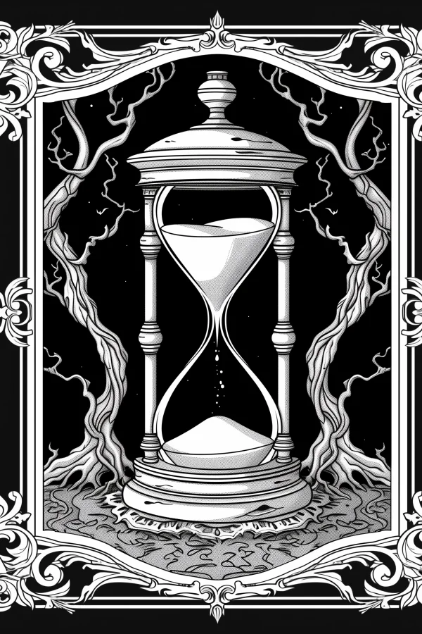 Vintage fantasy hourglass with twisted dead trees, ornate decorative scroll frame — free printable time coloring book page