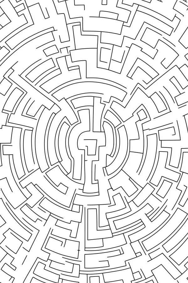 Circular maze, geometric abstract style — free printable maze coloring book page