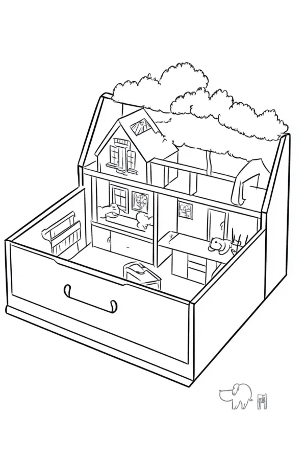 Drawer-style dollhouse with cute puppies, cartoon style — free printable toys coloring book page