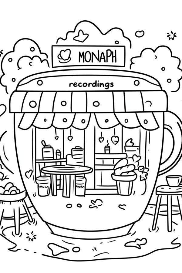 Coffee cup shaped cafe, cartoon style — free printable cafe coloring book page