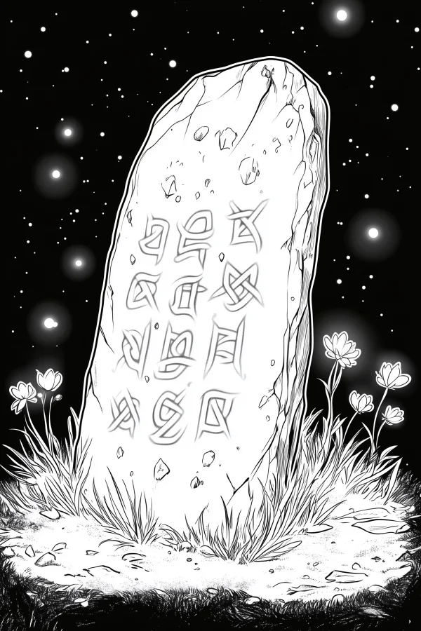Coloring book page, ancient stone stele carved with mysterious runes — free printable celtic culture coloring book page