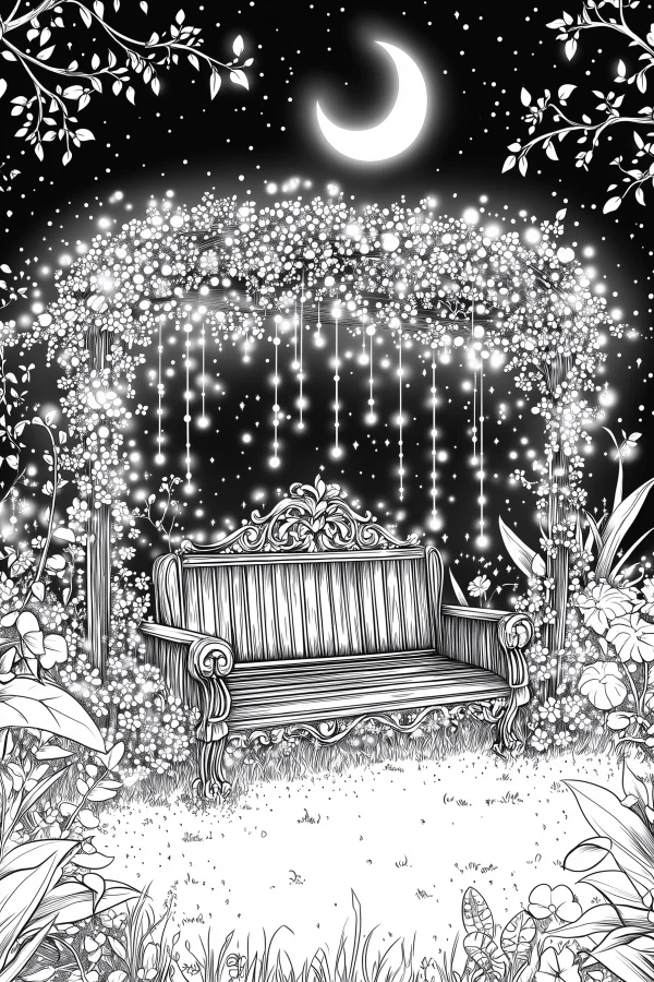 Vintage carved bench in a moonlit garden, fantasy style — free printable dreams coloring book page