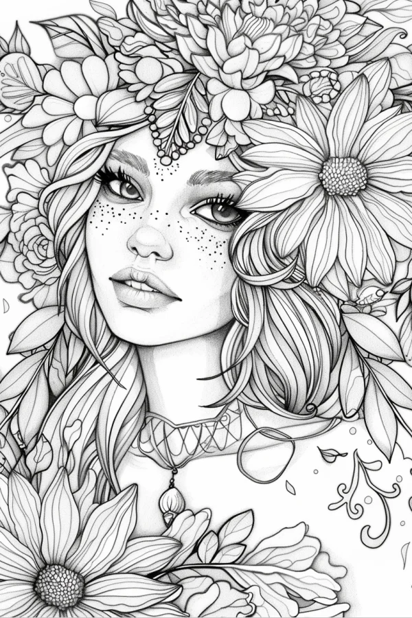 Girl with floral crown and freckles, realistic illustration style — free printable character theme coloring book page