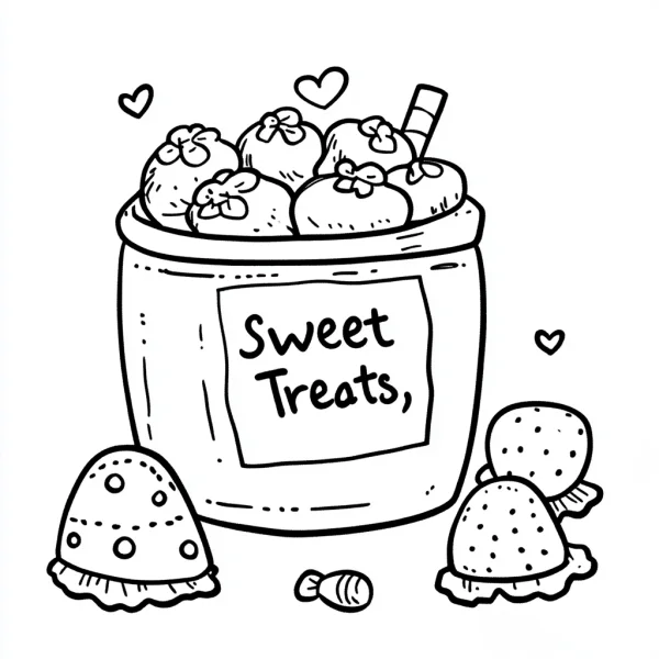 Jar filled with strawberry sweets, cute cartoon style — free printable desserts coloring book page