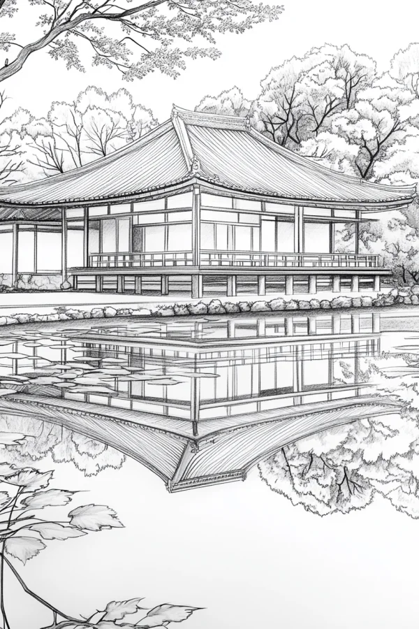 Waterside japanese garden building, japanese realistic style — free printable gardens coloring book page