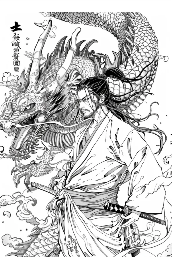 Ancient chinese warrior with chinese dragon, chinese anime style — free printable martial arts coloring book page