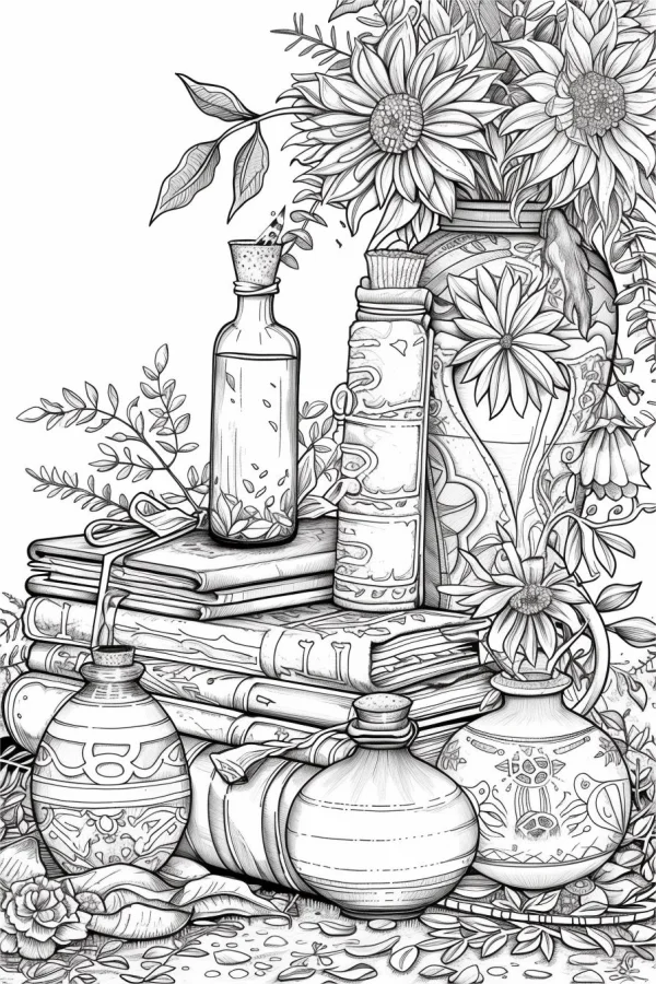 Still life composition of sunflowers, books and decorative jars — free printable still life coloring book page