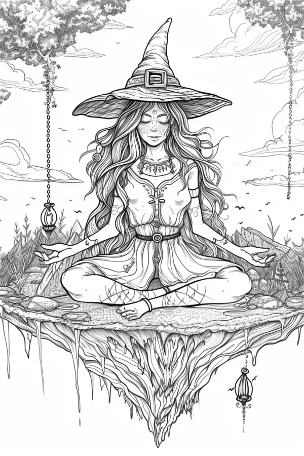Meditating witch in wide brim hat, fantasy sketch style — free printable meditation coloring book page