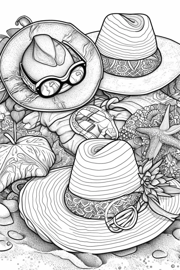 Vacation hats with ocean elements including starfish, shells and coral — free printable beach holiday coloring book page