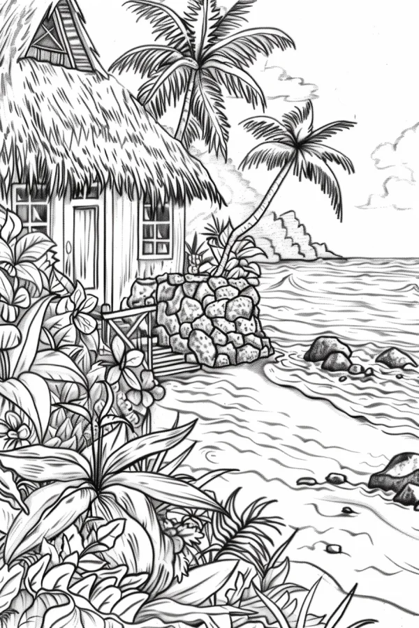 Tropical thatched hut on coastal beach, realistic line art style — free printable tropical style coloring book page