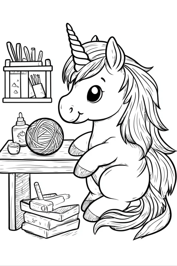 Cute cartoon unicorn at a craft table, with yarn ball — free printable handmade diy coloring book page