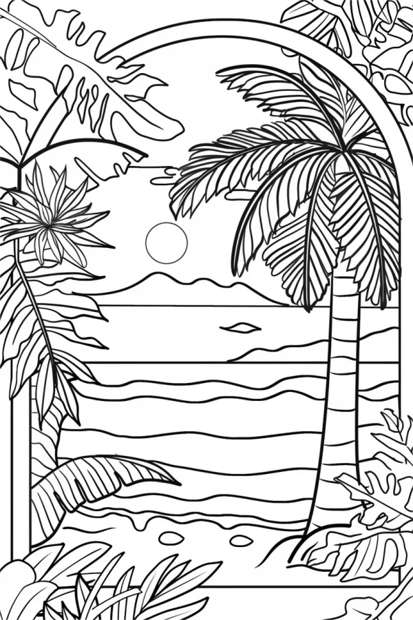Tropical seaside landscape with coconut trees and tropical foliage, line art style — free printable tropical plants coloring book page