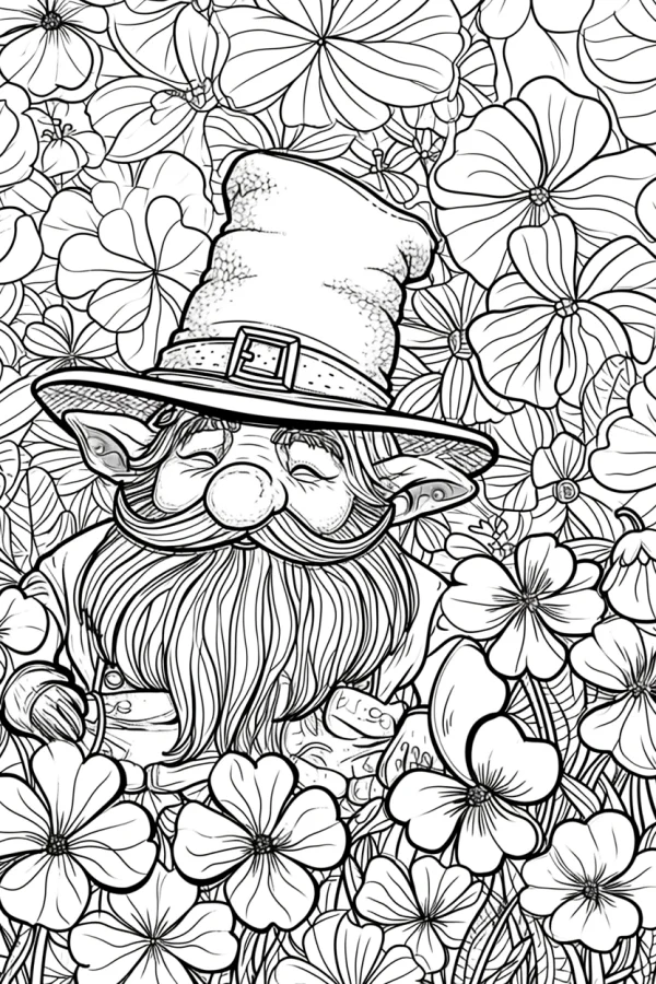 Cute gnome in clover flower field, cartoon fantasy style — free printable st. patrick's day coloring book page