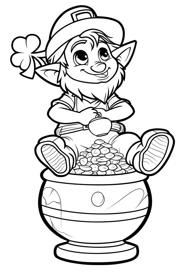 Cute leprechaun sitting on pot of gold, cartoon style — free printable st. patrick's day coloring book page