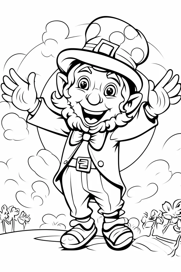 Cheerful leprechaun with outstretched arms, cartoon style — free printable st. patrick's day coloring book page