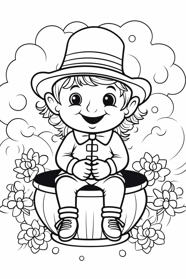 Coloring book page, cute cartoon leprechaun sitting on a wooden barrel — free printable st. patrick's day coloring book page