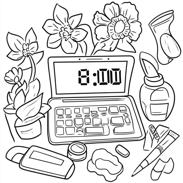 Combination of study office stationery, laptop and flowers — free printable office coloring book page