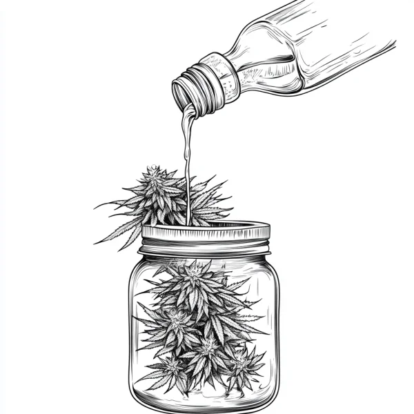 Cannabis plants in a glass jar with liquid pouring from a bottle, realistic sketch style — free printable handmade diy coloring book page