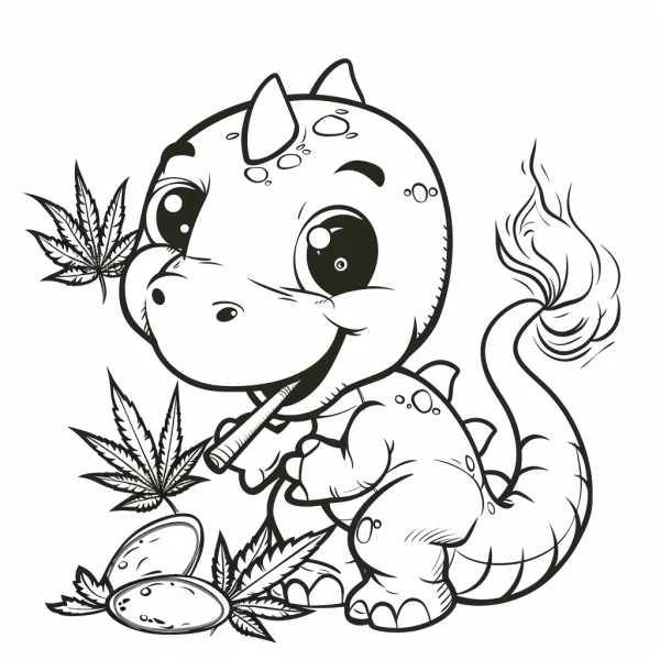 Cute stoned cartoon dinosaur, cartoon style — free printable quirky coloring book page
