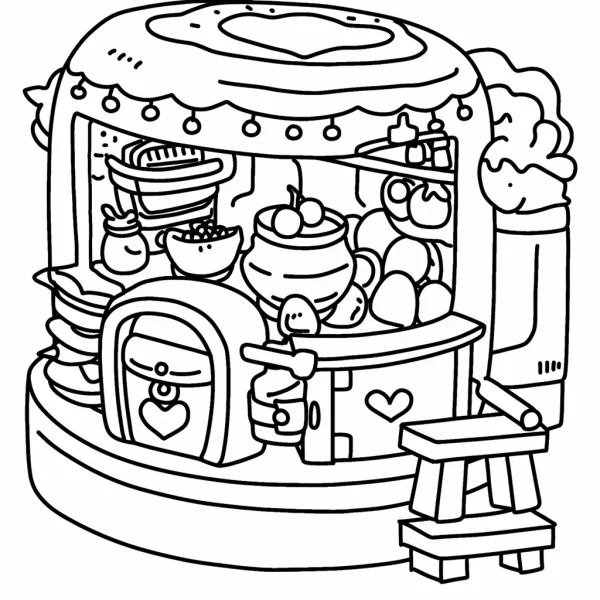 Cute cartoon kitchen counter with various kitchenware and food, cartoon style — free printable kitchen coloring book page