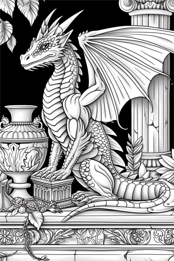 Fantasy dragon beside classical column and urn, classical fantasy style — free printable classical coloring book page