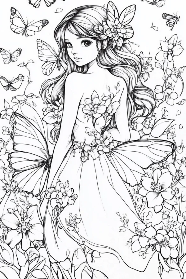 Fairy with butterfly wings surrounded by flowers and butterflies, cartoon fairy tale style — free printable fairy coloring book page