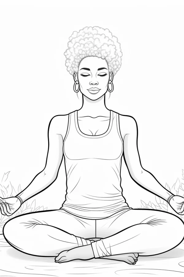 Curly-haired woman doing yoga in cross-legged position, outdoor scene with plants — free printable fitness coloring book page