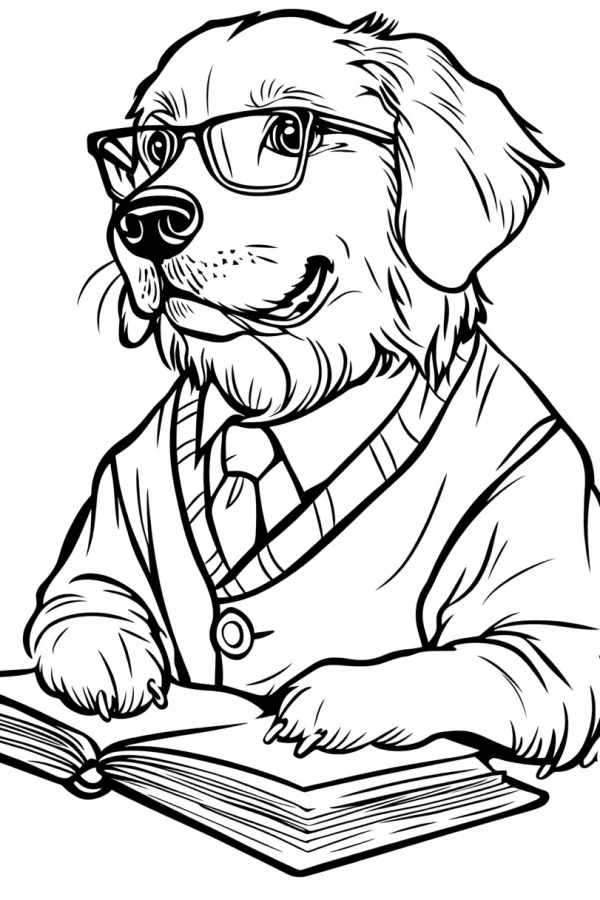 Anthropomorphic golden retriever wearing glasses and a sweater with a tie, reading an open book — free printable teacher coloring book page