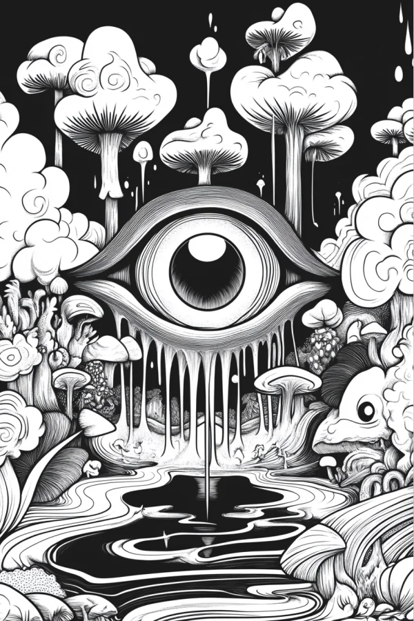 Fantasy giant eye in mushroom forest, hand-drawn intricate line art — free printable dreams coloring book page