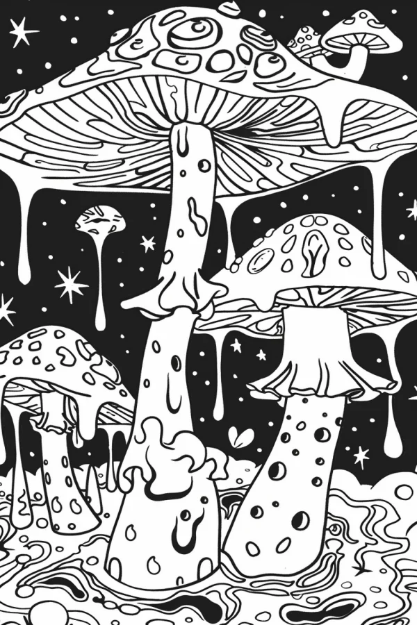 Psychedelic giant mushroom cluster with dripping liquid, surreal fantasy art style — free printable psychedelic coloring book page