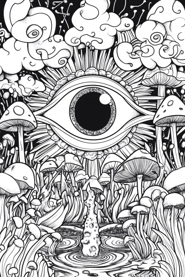 Fantasy giant eye above mushroom jungle, surreal fantasy style — free printable dreams coloring book page
