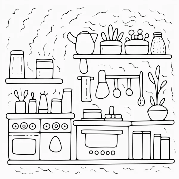 Cozy kitchen scene, cartoon style — free printable kitchen coloring book page