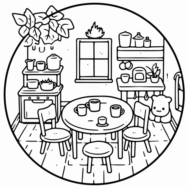 Warm kitchen scene with a cute bear, cartoon style — free printable kitchen coloring book page