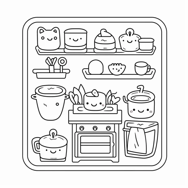 Anthropomorphic kitchen utensils and food items with cute smiling faces, cartoon style — free printable kitchen coloring book page