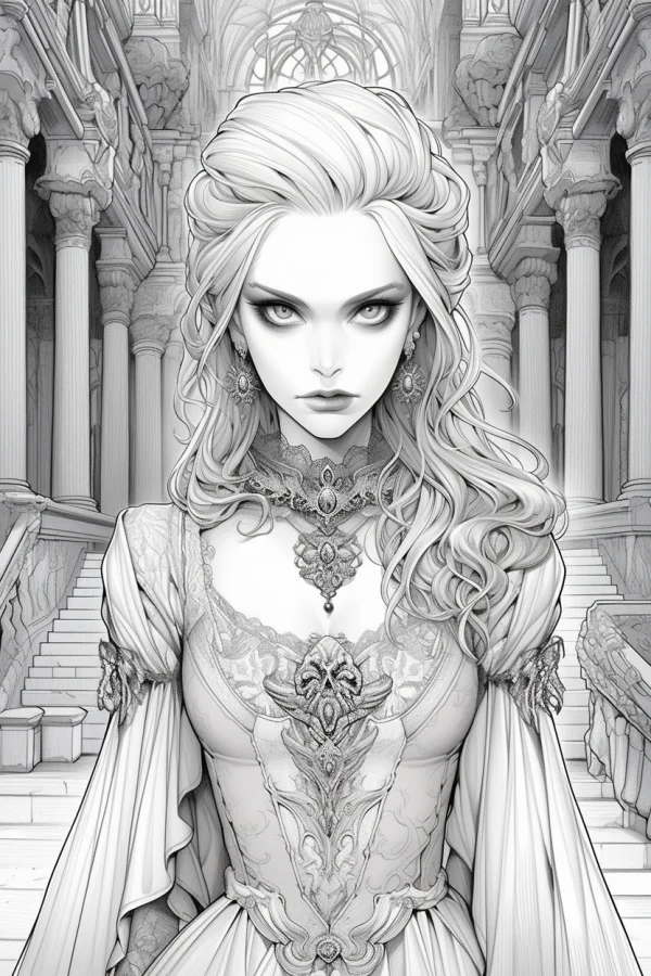 Victorian noble woman, gothic and victorian art style — free printable victorian coloring book page