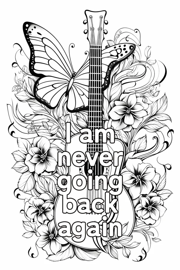 Acoustic guitar with butterfly on top, surrounded by blooming flowers and swirling vines — free printable butterfly coloring book page