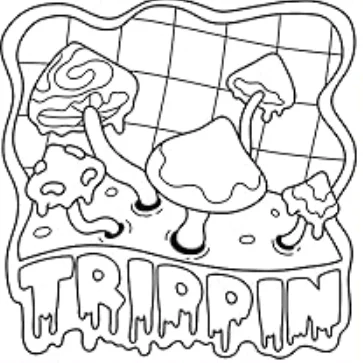 Psychedelic fantasy mushrooms with melting 'trippin' text, cartoon style — free printable psychedelic coloring book page