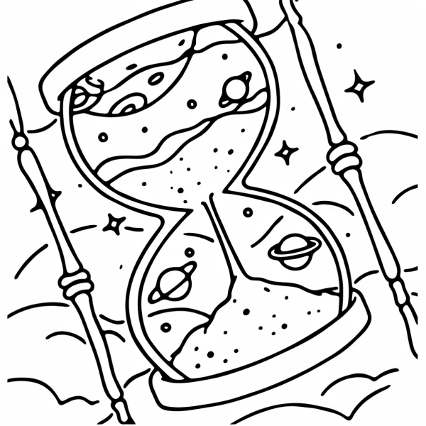 Cosmic hourglass with planets and stars, sci-fi fantasy style — free printable time coloring book page