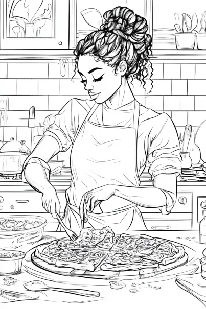 Female chef cooking pizza in kitchen, cartoon style — free printable chef coloring book page