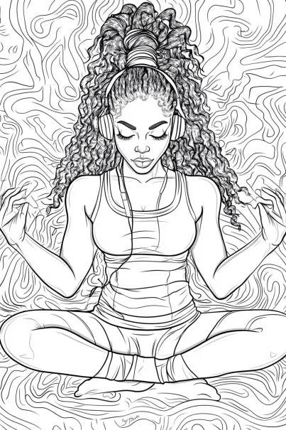 Meditating curly-haired girl with headphones, sitting cross-legged in yoga pose — free printable meditation coloring book page