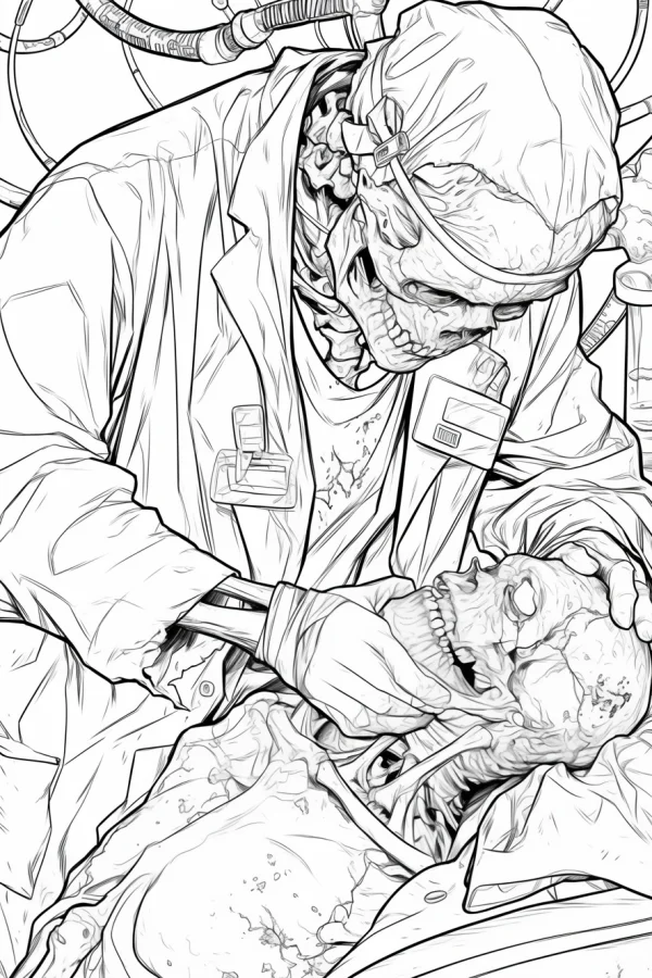 Skeleton doctor treating skeleton patient, horror style — free printable doctor coloring book page