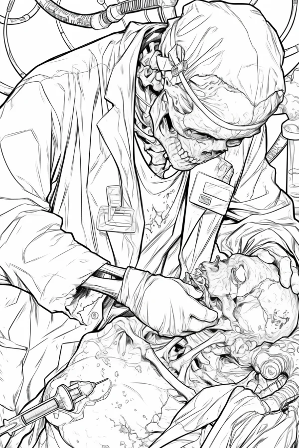 Skeleton doctor operating on skeleton patient, dark horror fantasy style — free printable doctor coloring book page