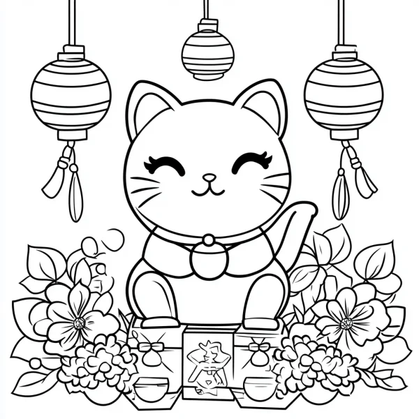 Cute maneki-neko (lucky cat) with chinese lanterns and surrounding flowers, cartoon chinese style — free printable spring festival coloring book page