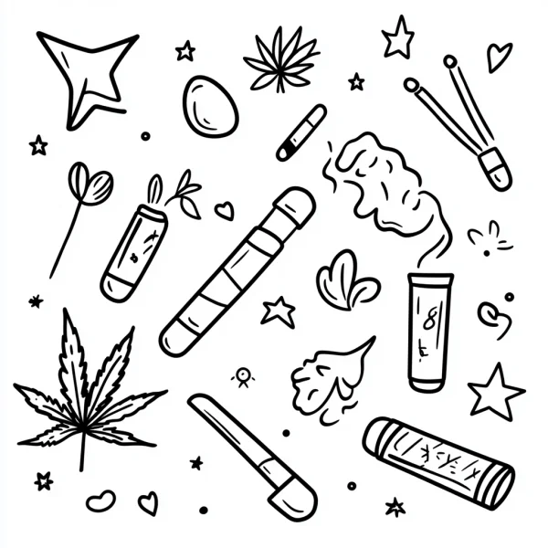 Collection of marijuana smoking paraphernalia, doodle graffiti style — free printable cannabis culture coloring book page