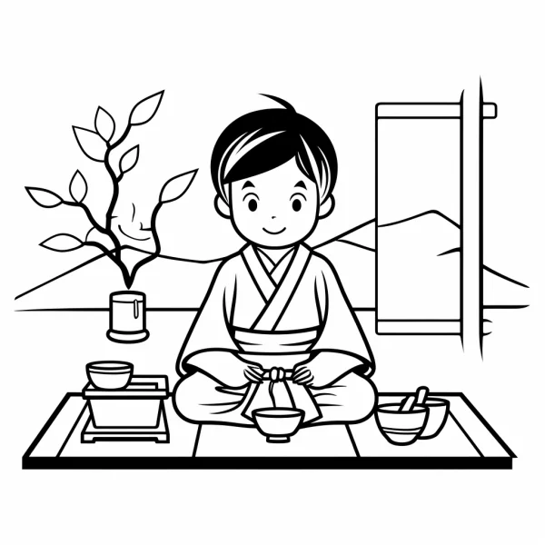 Japanese boy in kimono performing tea ceremony, cartoon and japanese style — free printable traditional culture coloring book page