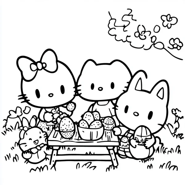 Hello kitty and friends having a picnic, cartoon style — free printable cartoon characters coloring book page