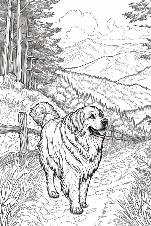 Golden retriever dog on forest gravel path, realistic sketch style — free printable hiking coloring book page