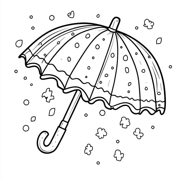 Open umbrella with raindrops, cartoon style — free printable rainy days coloring book page