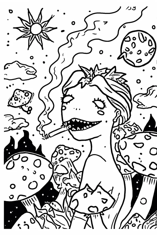 Creepy woman with sharp fangs smoking a cigarette, dark fantasy style — free printable dreams coloring book page