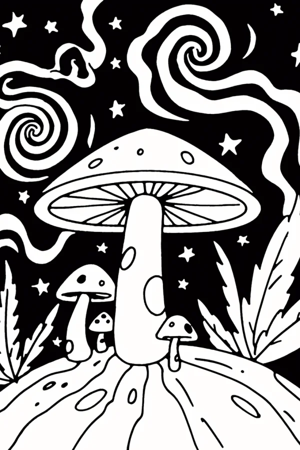 Magical fantasy mushroom cluster, whimsical illustration style — free printable dreams coloring book page